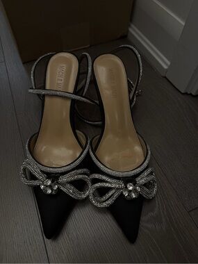 Black Satin Pointed Crystal-Embellished Slingback Heels